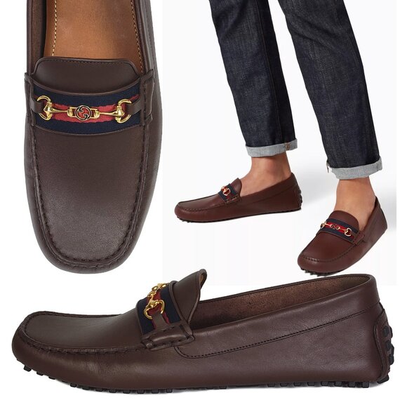 GUCCI SHOES MENS DRIVER MOCCASINS BROWN LEATHER w WEB HORSEBIT sz 12.5 13 US - Picture 1 of 15